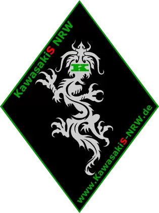 Raute, mit Kawasaki-Drachen, in grüner Schrift "KawasakiS NRW" und unsere Webadresse