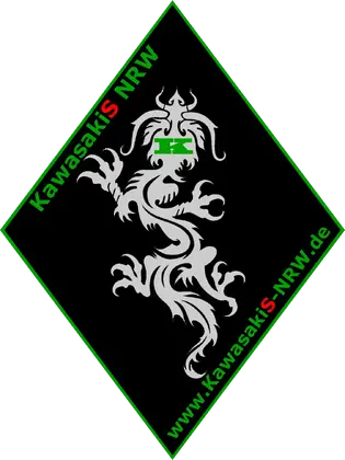 Raute, mit Kawasaki-Drachen, in grüner Schrift "KawasakiS NRW" und unsere Webadresse